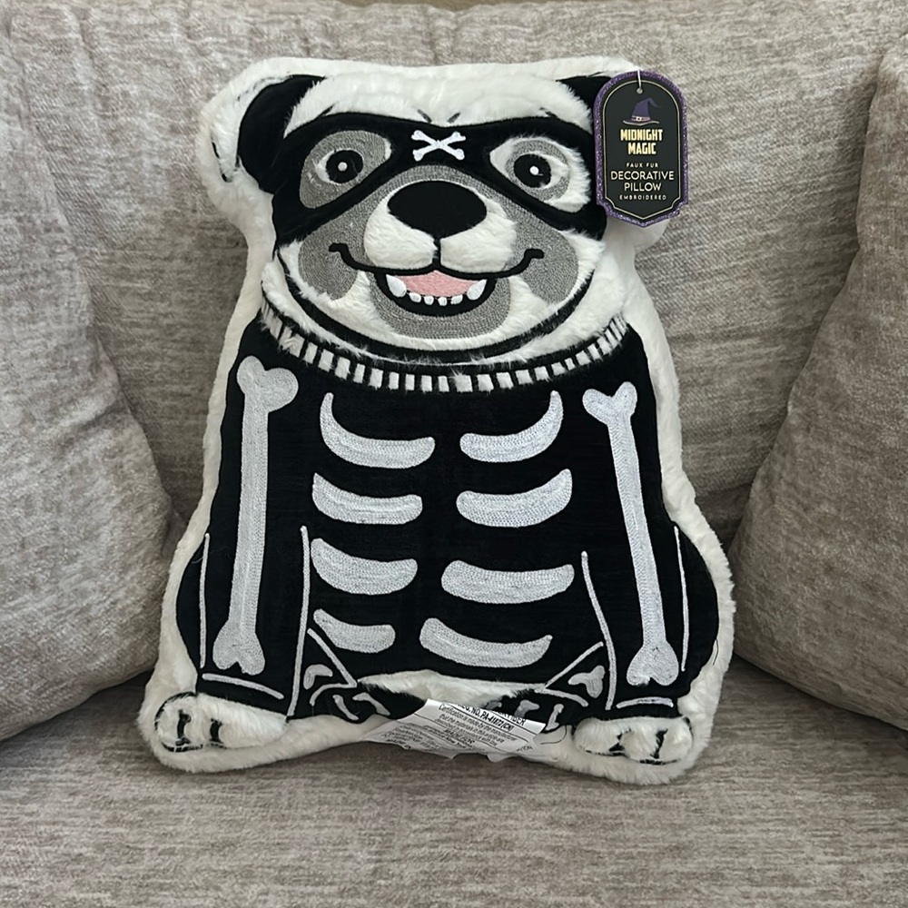 Pug Dog Skeleton Faux Fur Throw Pillow